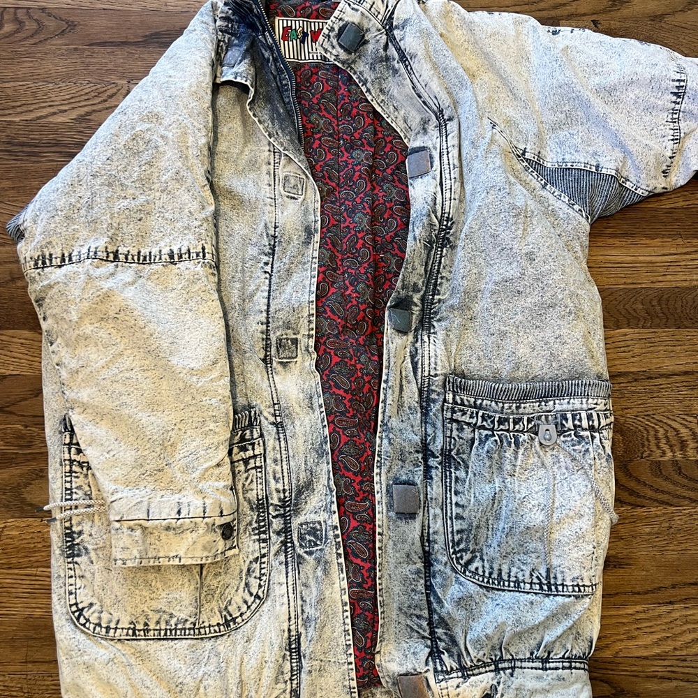 Vintage Acid Wash Denim Jacket with Red Patterned Lining